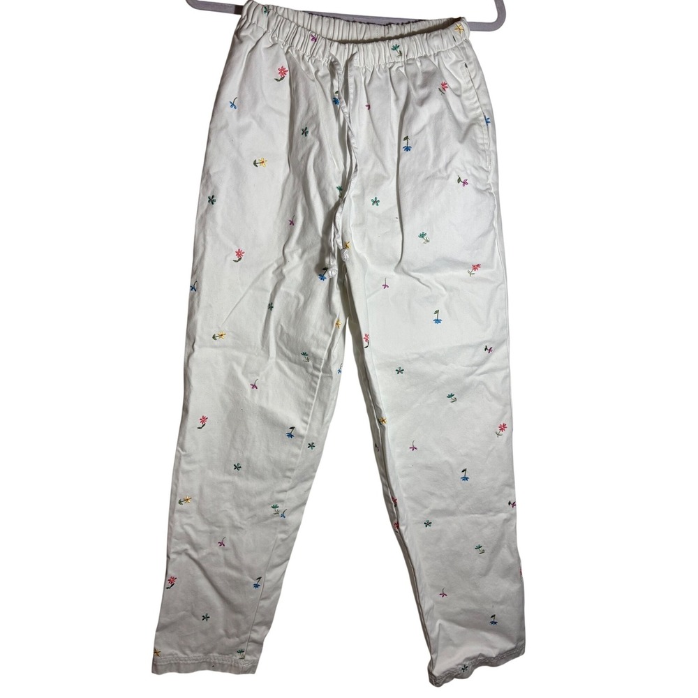 Vintage Denim & Co White Cotton Pants Multicolored Embroidered Flowers Size S‎